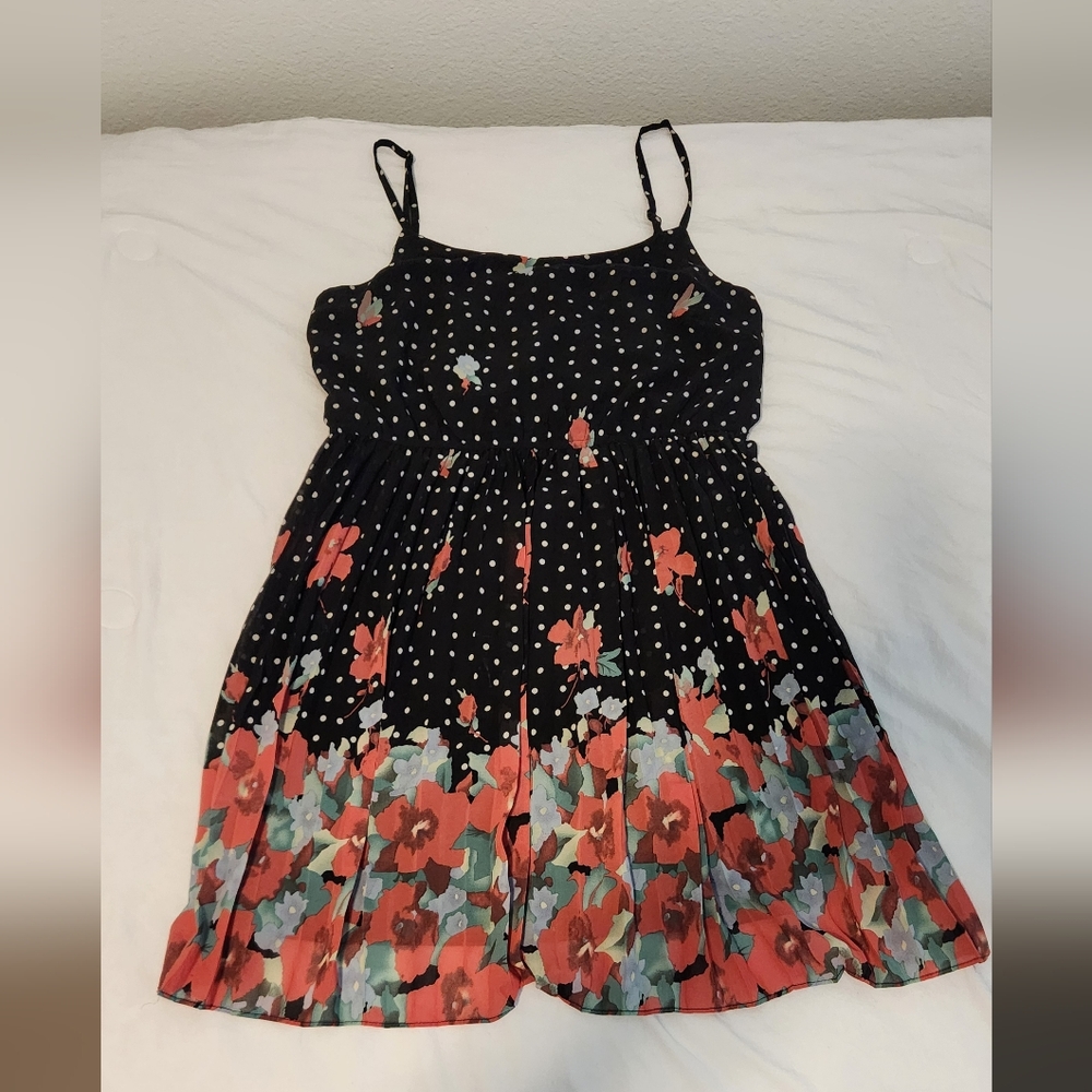 Forever 21 Black Polka Dot Floral Sundress with Coral & Mint Flowers